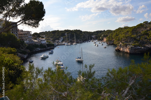 Wonderful views of the bay with yachts and boats. The bay is hidden in the shade of green trees. Summer day at sea.