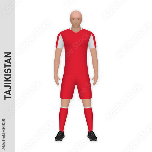 3D realistic soccer player mockup. Tajikistan Football Team Kit template