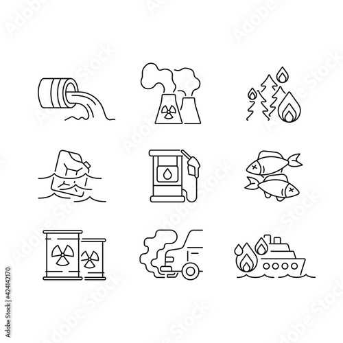 Water and Air pollution linear icons set. Environmental diseases factor, industrial contamination idea thin line illustration. Vector isolated outline drawing. Editable stroke