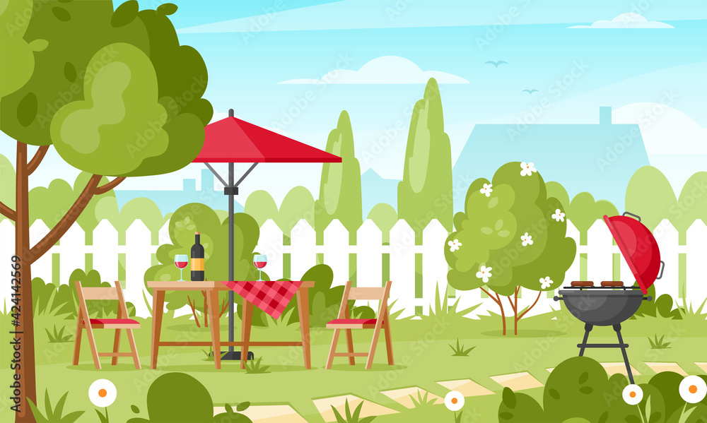 BBQ party in backyard. Vector illustration of picnic outdoors with ...