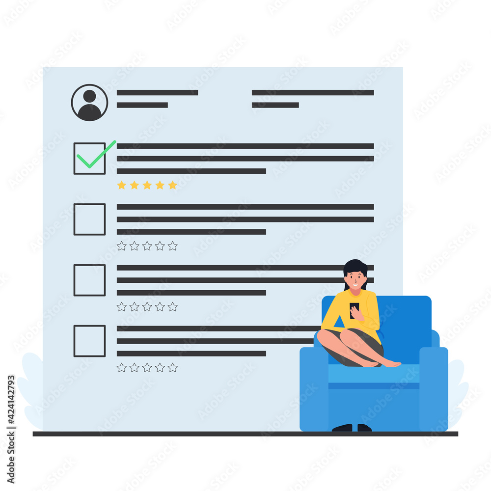 Woman sit and hold phone, fill the survey.