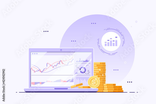 Computer Screen with Candlestick Chart and Golden Coins © Dzianis Rakhuba