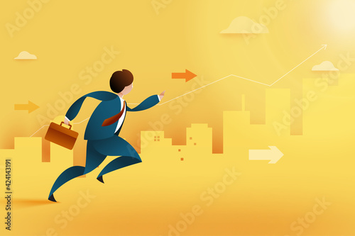 Young businessman running forward to rising arrow.Business concept of growth and skill.Paper art vector illustration.