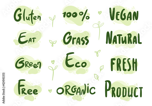 Set of Vegan, eco, bio, organic, fresh, natural, microgreen isolated lettering