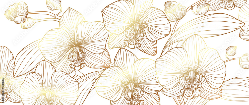 Luxury Gold orchid background vector. Golden orchid line arts design for wallpaper, wall arts, fabric, prints and background texture, Vector illustration.