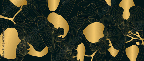 Luxury Gold orchid background vector. Golden orchid line arts design for wallpaper, wall arts, fabric, prints and background texture, Vector illustration.