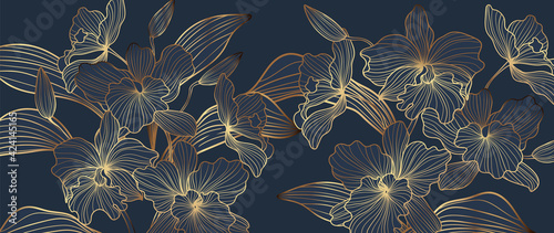 Luxury Gold orchid background vector. Golden orchid line arts design for wallpaper, wall arts, fabric, prints and background texture, Vector illustration. photo