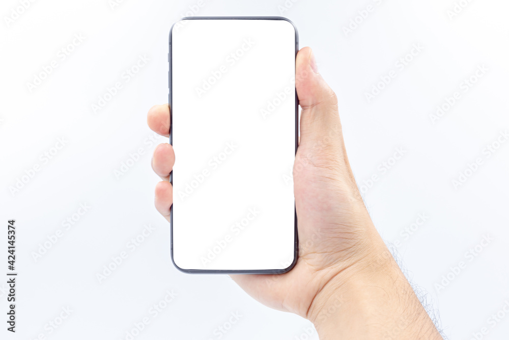 Hand holding smartphone black color￼ with white screen ,isolated on white background