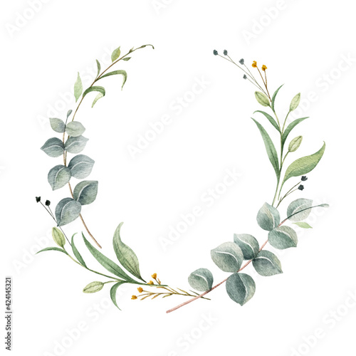 Watercolor vector wreath of green branches and leaves.