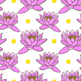 Pink lotus seamless pattern with yellow dots. Fashion textile design.