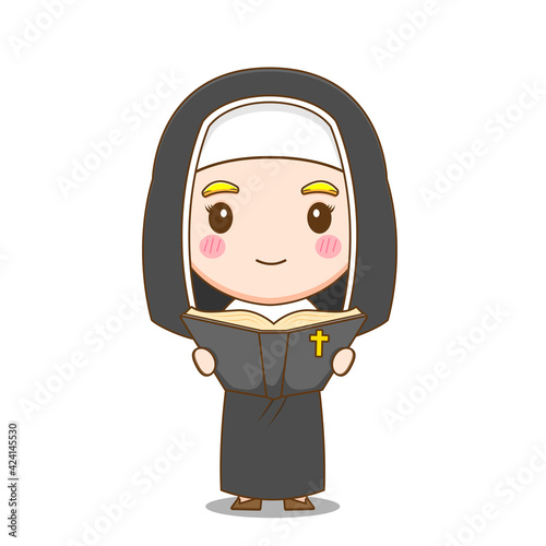 Illustration of cute nun cartoon character reading the bible