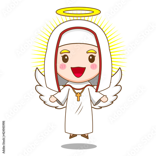 Illustration of cute nun cartoon character as an angel