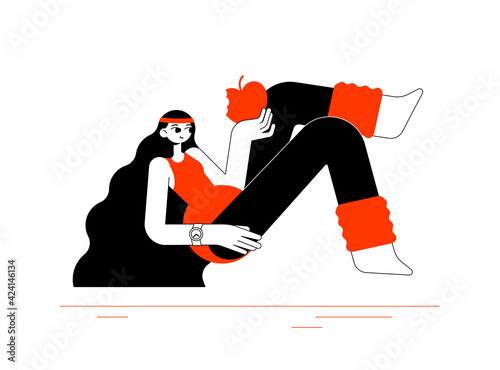 A girl in leggings, a swimsuit, and socks levitates in the air and eats an apple. 80s style. Flat outline minimalism vector illustration.