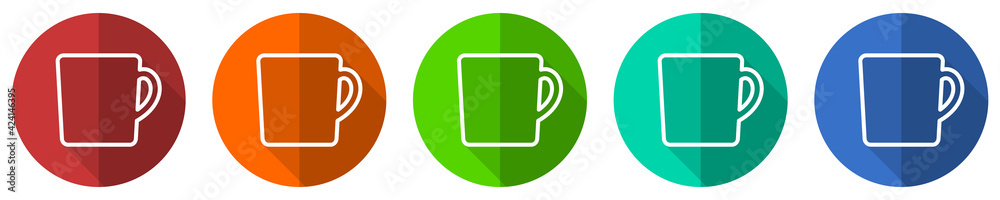 Drink, cup of coffee icon set, flat design vector illustration in 5 colors options for webdesign and mobile applications