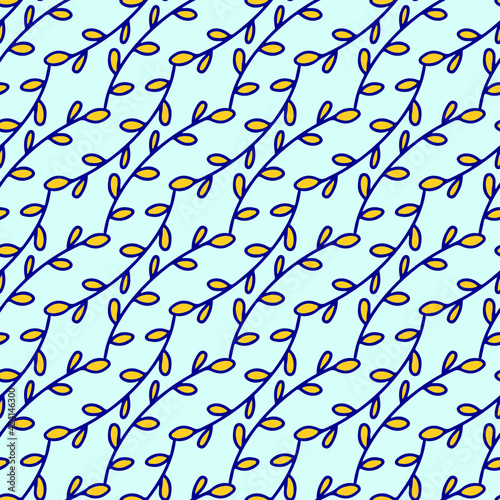 Vernal pattern with tiny yellow leaves on light blue background.