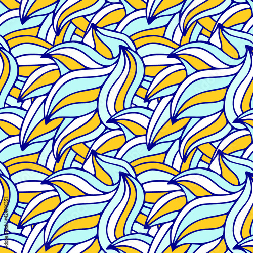 Wavy endless pattern in light summer colors. Yellow and blue waves texture
