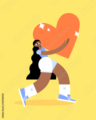 A strong  beautiful black woman in sneakers and shorts carries a big heart in her arms. Take care and love yourself. Stylish trendy look. Flat bright vector illustration.