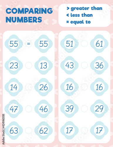 Comparing numbers worksheet practice print sheet. Vector illustration.