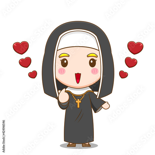 Illustration of cute nun cartoon character with love finger