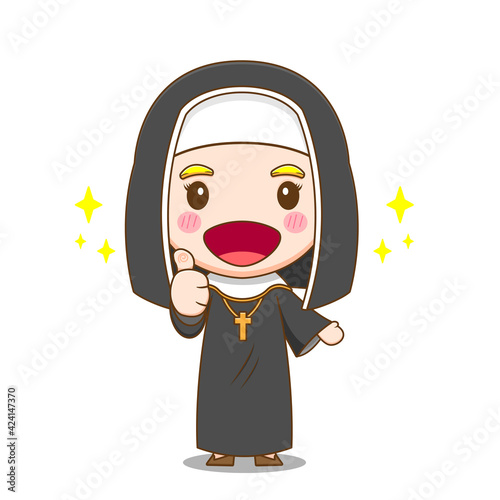 Illustration of cute nun cartoon character posing thumbs up