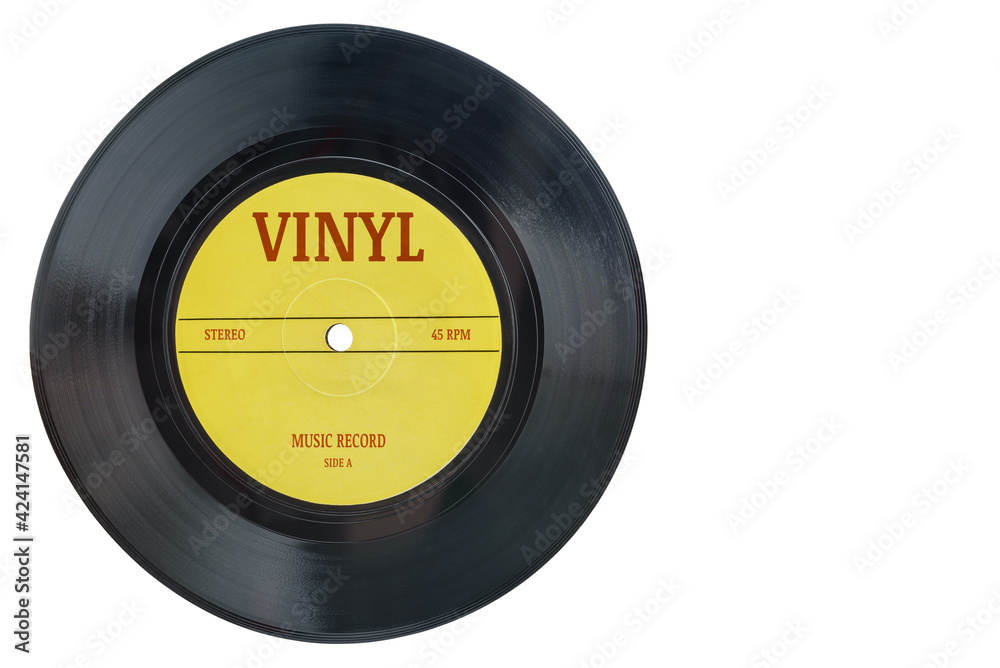 Closeup view of realistic gramophone vinyl record or phonograph record with  yellow label. Black musical single play disc 7 inch 45 rpm spiral groove.  Stereo sound record. Isolated on white background. Stock