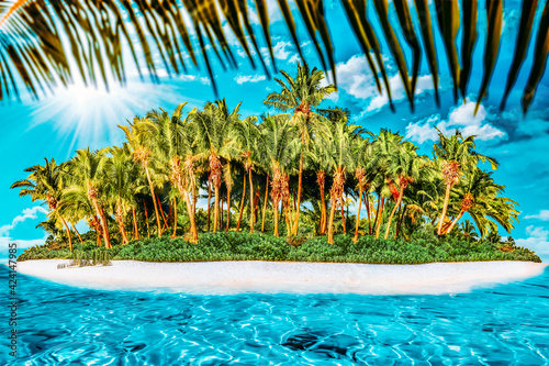 Whole tropical island within atoll in tropical Ocean on a summer day. Uninhabited and wild subtropical isle with palm trees. Equatorial part of the ocean  tropical island resort.