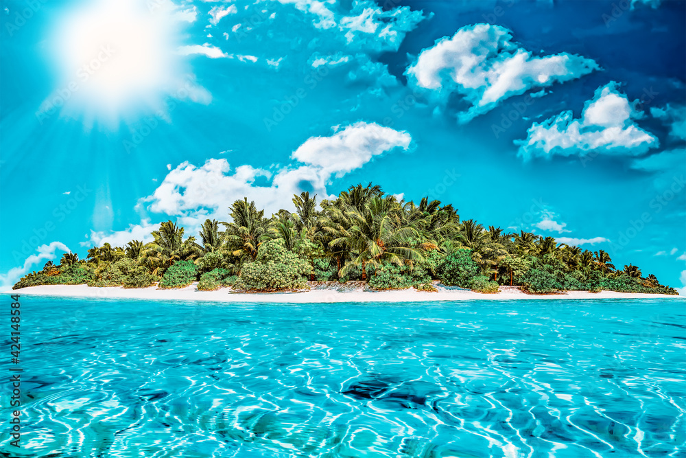 Fototapeta premium Whole tropical island within atoll in tropical Ocean on a summer day. Uninhabited and wild subtropical isle with palm trees. Equatorial part of the ocean, tropical island resort.