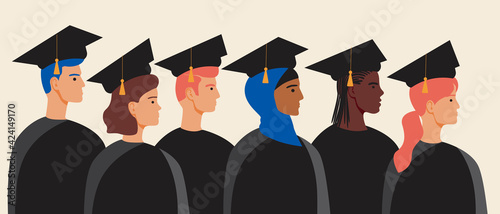 Graduate faces, flat vector stock illustration as multicultural education concept