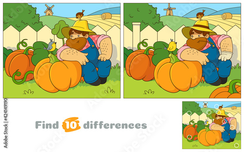 Friendly farmer wearing a straw hat resting next to pumpkins. A big bearded man makes friends with small birds. Find 10 differences. Educational game for children. Cartoon vector illustration.