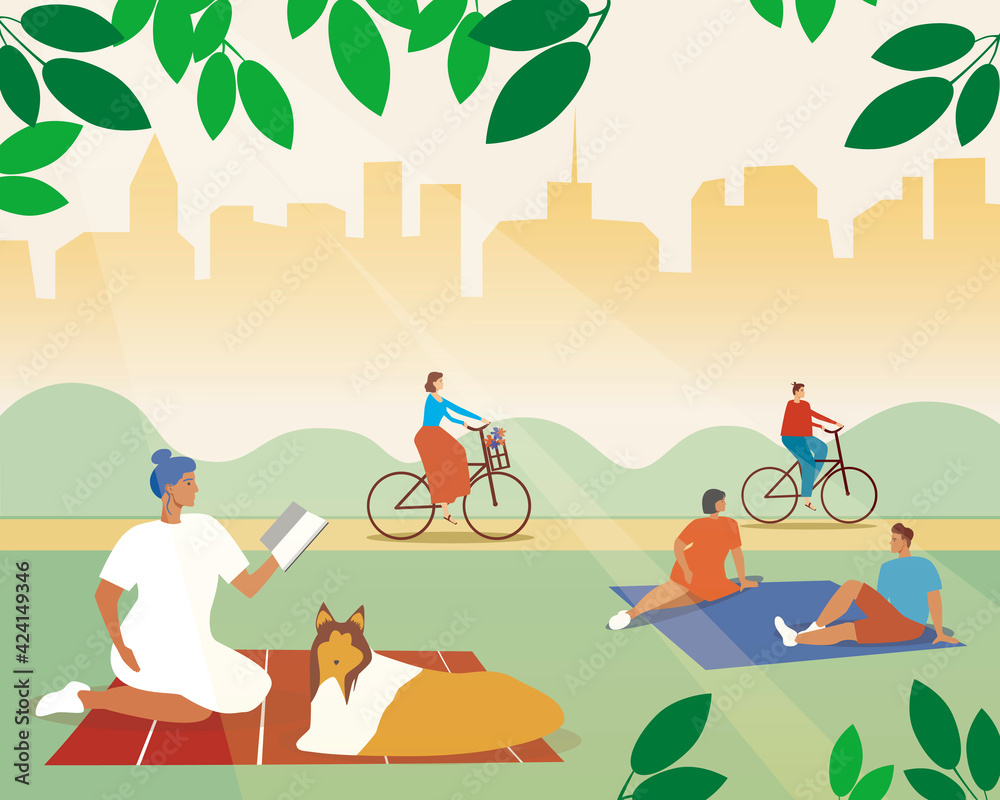 Fototapeta premium Picnic on the grass, weekend in the park. Flat vector stock illustration. Blanket on the grass. Summer landscape. People at a picnic. Cyclists in the park. Out-of-town picnic concept