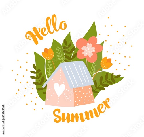 Cute fabulous small pink house among the flowers and grass Vector illustration