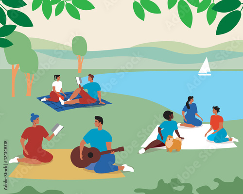 People picnic, outdoor recreation, flat vector stock illustration with lunch on the lawn by the lake