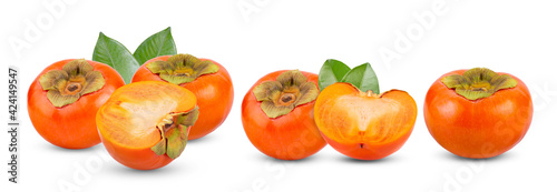 ripe persimmons with leaf isolated on white