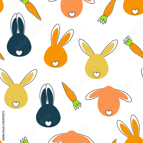 Cute multi-colored bunnies and carrots for Easter holiday. Seamless pattern for fabric, textile, wrapping paper. Vector graphics.