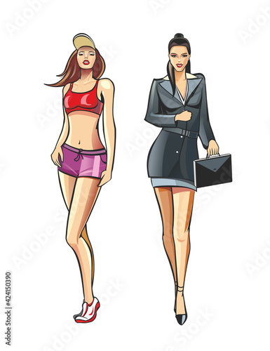 Two female figures. Female characters. Business woman and sports girl