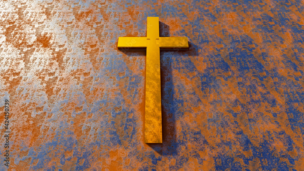 Concept or conceptual golden cross on a rusted corroded metal or steel sheet background. 3d illustration metaphor for God, Christ, religious, faith, holy, spiritual, Jesus, belief or resurection