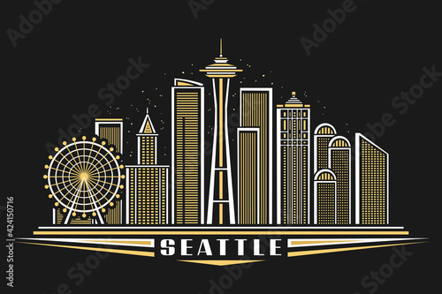 Vector illustration of Seattle, horizontal poster with outline design illuminated seattle city scape, american urban line art concept with decorative lettering for word seattle on dark dusk background