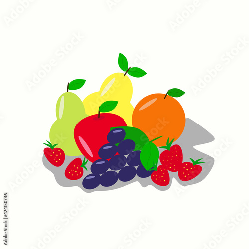 vector illustration juicy fruits: pears, apple, grapes, orange, strawberry