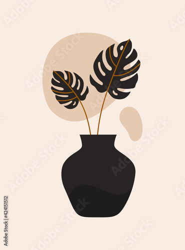 Modern abstract wall art with black vase and monstera leaves on light background. Vector minimalist hand drawn print in boho style. Mid century design