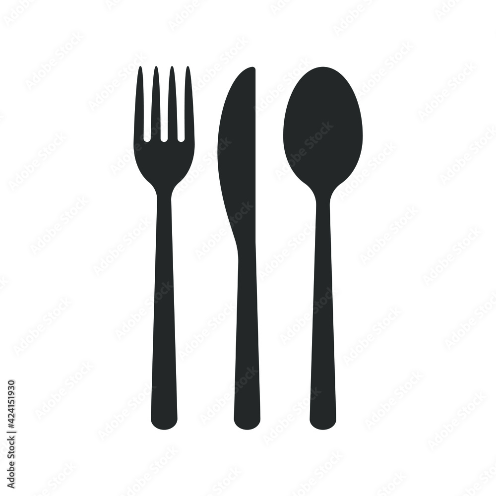 Fork knife and spoon icon. Simple flat shape logo sign. Restaurant cafe kitchen diner place menu symbol. Vector illustration image. Black silhouette isolated on white background.
Fork knife and spoon icon. Simple flat shape logo sign. Restaurant cafe kitchen diner place menu symbol. Vector illustration image. Black silhouette isolated on white background.