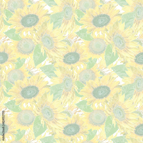 Seamless retro floral pattern in pastel colors. Yellow sunflowers.