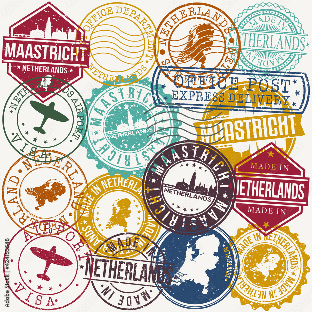 Maastricht Netherlands Set of Stamps. Travel Stamp. Made In Product. Design Seals Old Style Insignia.