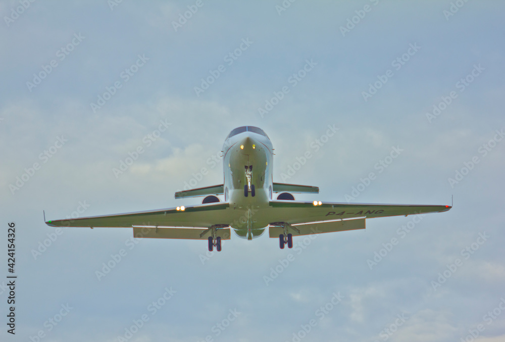 Obraz premium A business jet airliner is landing at sunset