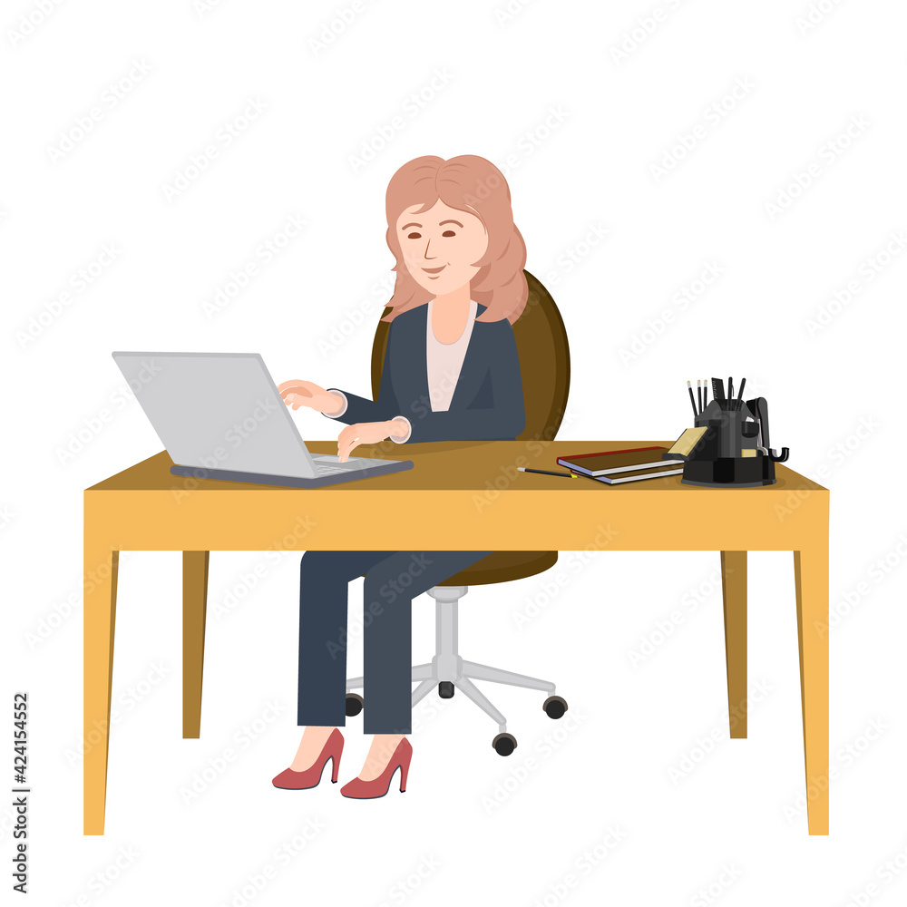 Business woman working on a laptop. A woman in a suit with a laptop is sitting at the table. Stationery on the table. Vector image for animation. Editable strokes. All details on separate layers
