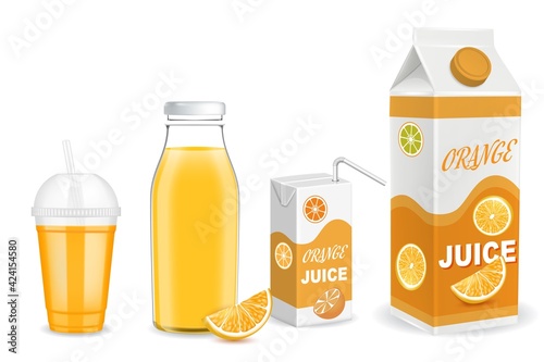 Tela Orange juice packaging container mockup set, vector illustration