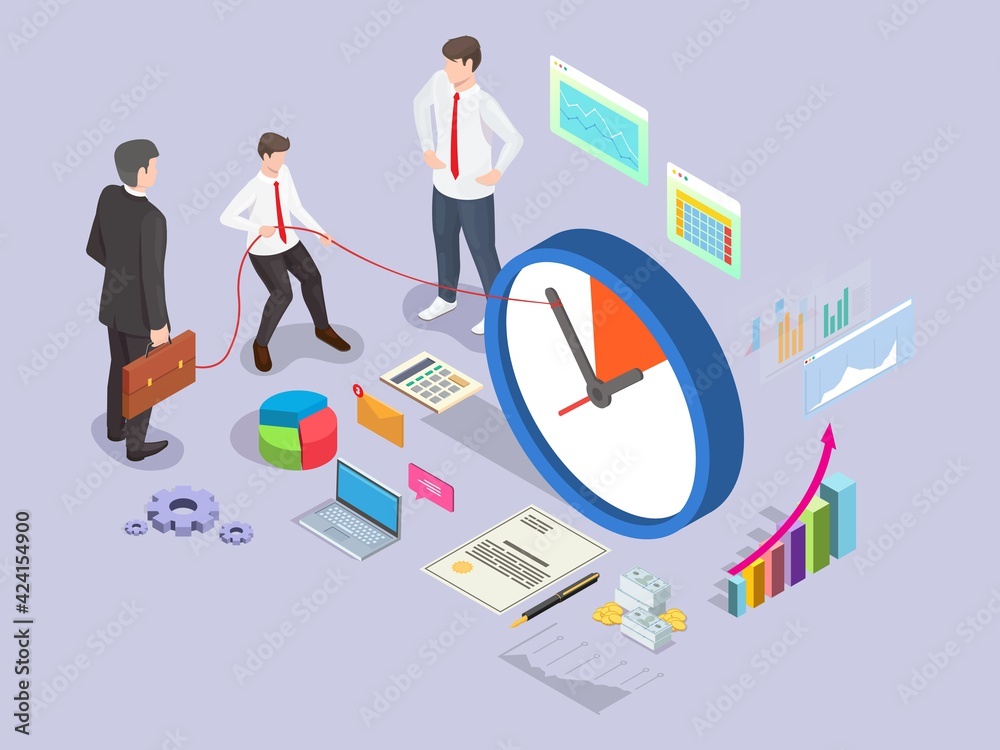 Businessman turning clock arrow back, flat vector isometric illustration. Business project deadline, time management Businessman turning clock arrow back, flat vector isometric illustration. Business project deadline, time management