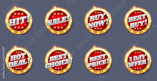 Sale badge, tag, label, sticker, vector illustration. Realistic glossy hot deal, buy now, best price choice banner, sign