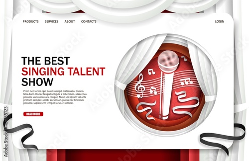 Singing talent show landing page design, website banner template. Vector illustration in paper art style. Tv contest.