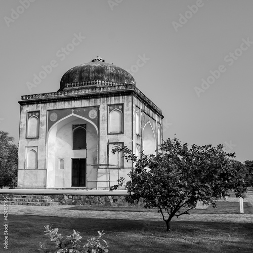 Inside view of architecture tomb inside Sunder Nursery in Delhi India, Sunder Nursery is World Heritage Site located near Humayun's Tomb in Delhi, Sunder Nursery inside view – Black and White photo