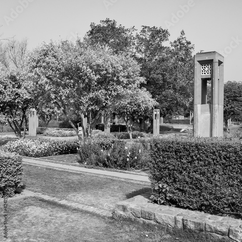 Inside view of architecture tomb inside Sunder Nursery in Delhi India, Sunder Nursery is World Heritage Site located near Humayun's Tomb in Delhi, Sunder Nursery inside view – Black and White photo